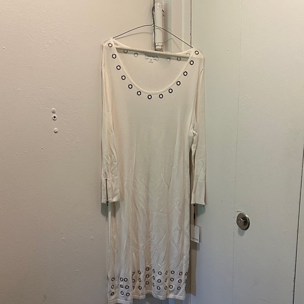 Calvin Klein Cream Long Sleeve Dress with Eyelet Accents
